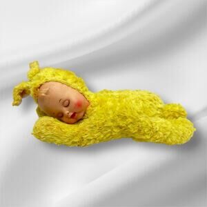 Vintage My Musical Toy? Rubber Baby Face Yellow Plush Spring Bunny Wind Up Toy